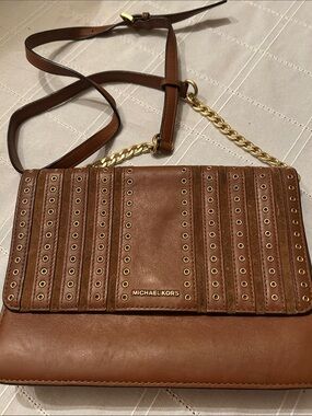 Michael Kors Tan Leather Crossbody with Gold Grommet Detailing